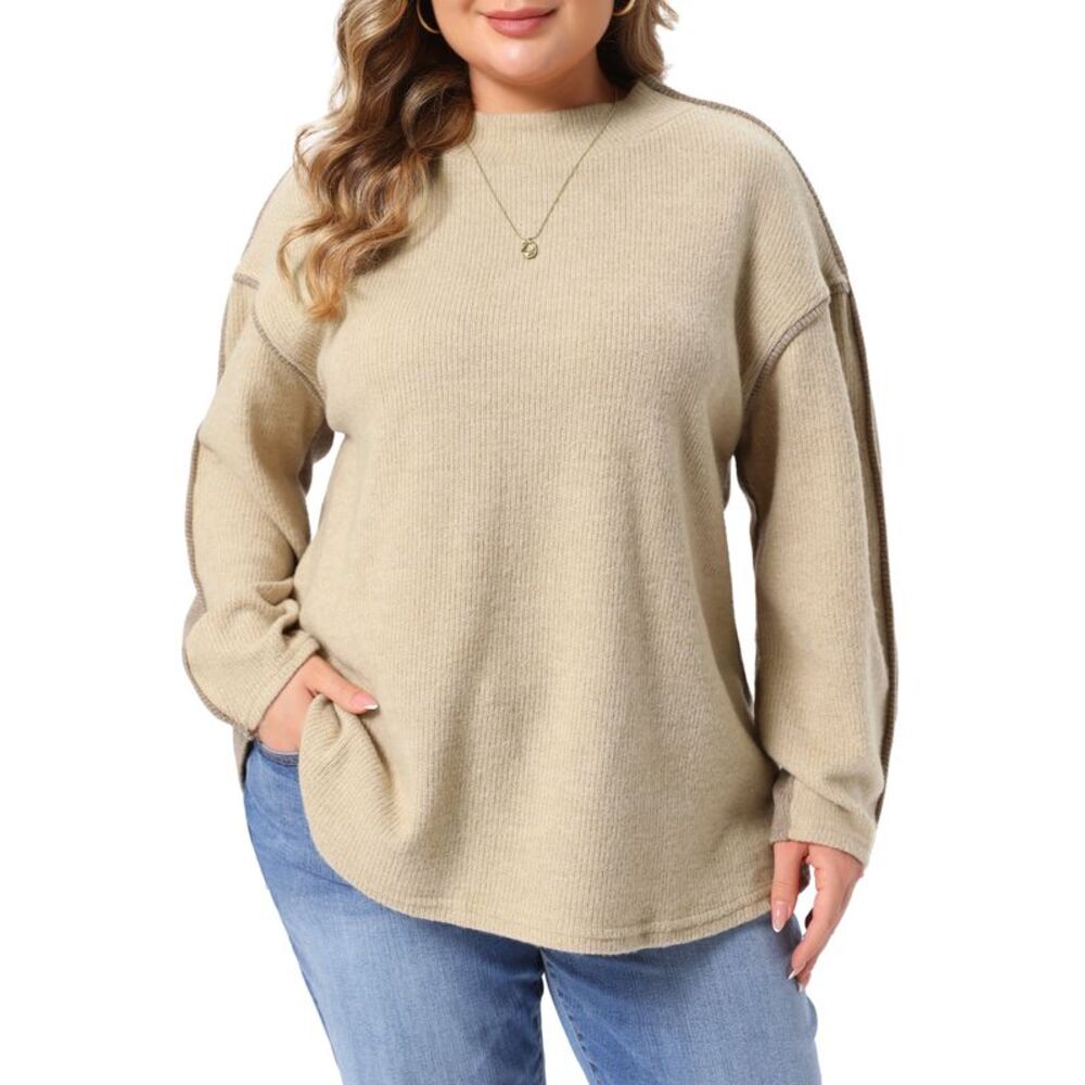 Women Plus Size Mock Neck Pullover Winter Contrast Sweater khaki